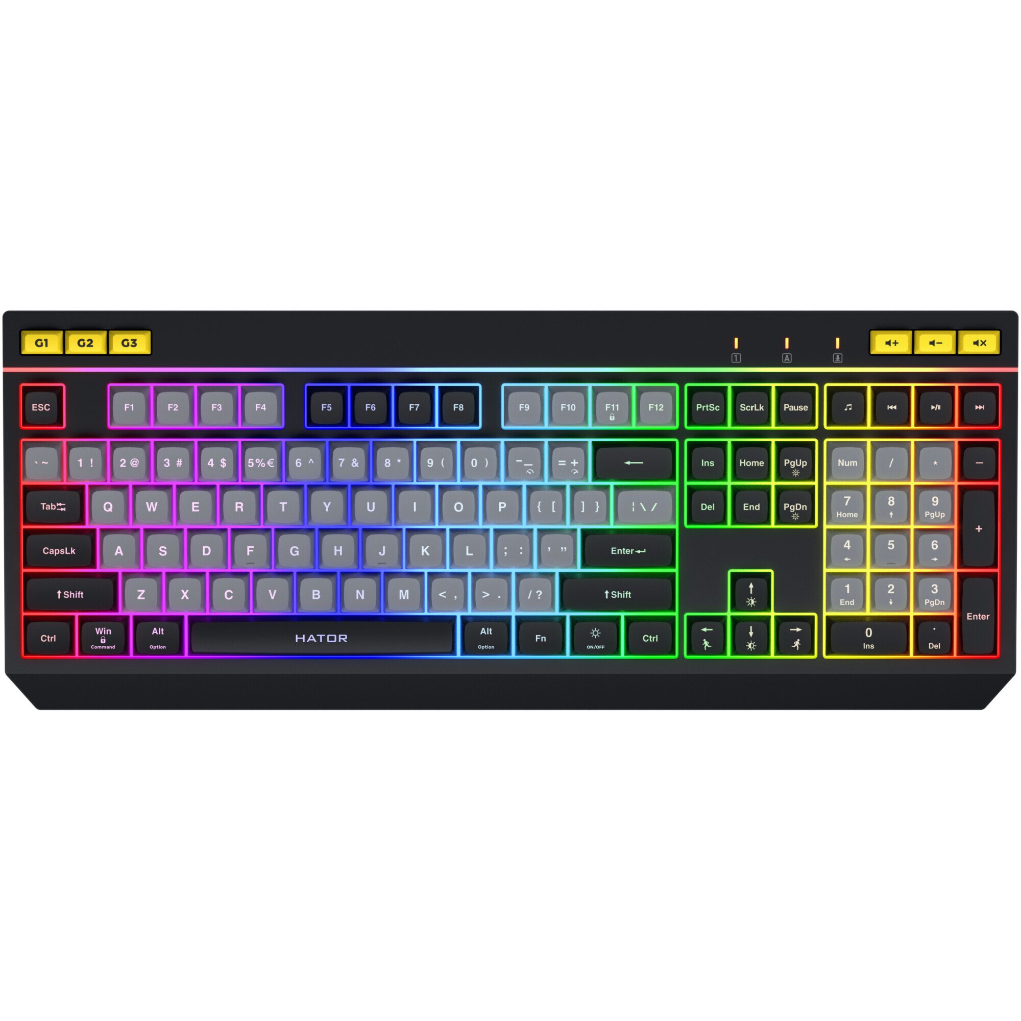 Tastatura gaming mecanica cu fir Hator Icefall, conectivitate USB, iluminare RGB, tip switch membrana, material taste ABS cu gravare laser si acoperire UV, Alb/Negru