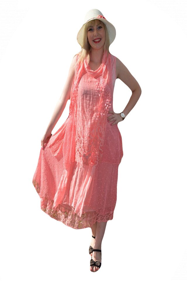 Rochie rafinata de zi din bumbac usor creponat, D&J Exclusive, Corai