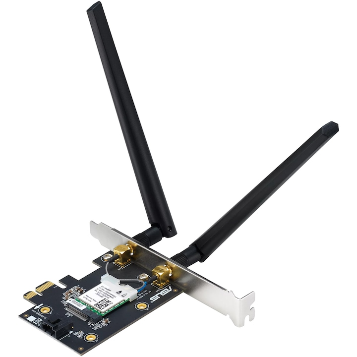 Placa de retea ASUS PCE-BE6500, BE6500, Tri-Band, 2 antene externe, 4K-QAM, Bluetooth 5.4, WPA3, OFDMA, MU-MIMO, MLO