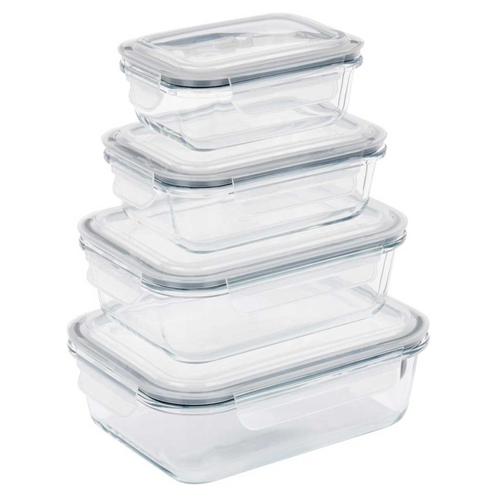 Set 4 cutii alimentare Vilde, din sticla, cu capac etans, transparent