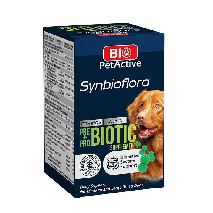 Prebiotikumokkal és probiotikumokkal dúsított étrend-kiegészítő közepes és nagytestű kutyáknak, Bio PetActive, Synbioflora Pre + Pro Biotic, 60 tabletta
