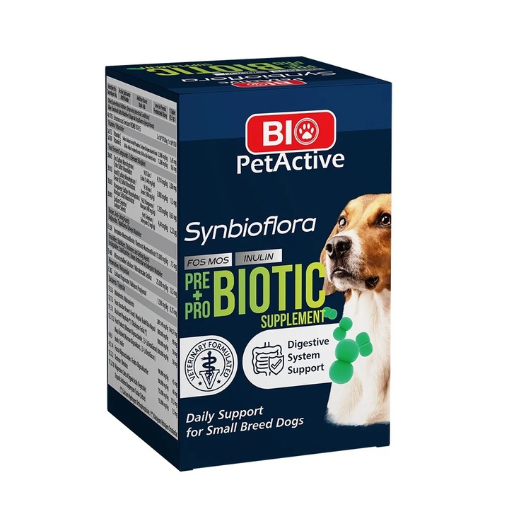 Prebiotikumokkal és probiotikumokkal dúsított étrend-kiegészítő kistestű kutyáknak, Bio PetActive, Synbioflora Pre + Pro Biotic, 60 tabletta