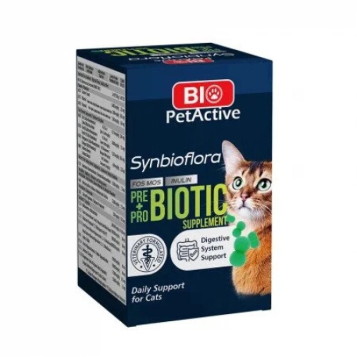 Prebiotikumokat és probiotikumokat tartalmazó étrend-kiegészítő macskáknak, Bio PetActive, Synbioflora Pre + Pro Biotic, 60 tabletta