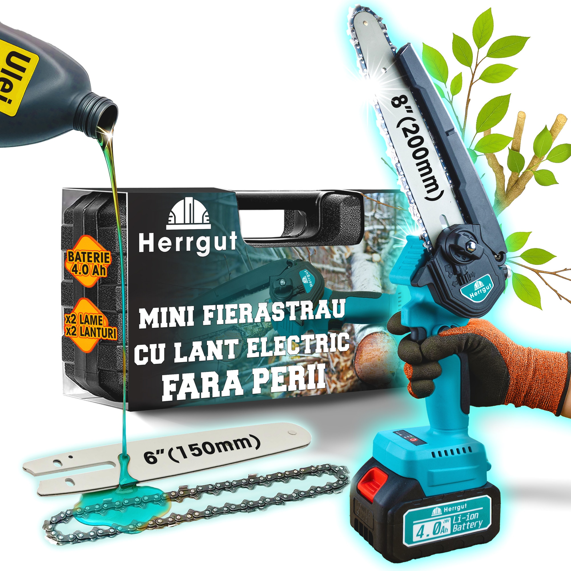 ゴリラ　6v Mini fierastrau electric cu lant Herrgut, motor fara perii, 8 inch