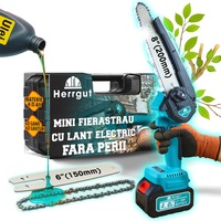Mini fierastrau electric cu lant Herrgut® 8 inch, acumulator de 4000 mAh si 2000 mAh, motor fara perii, lant extra de 6 inch, putere 800W, mini drujba cu acumulator pentru crengi, gradina, copac, motor cu durata de viata ridicata