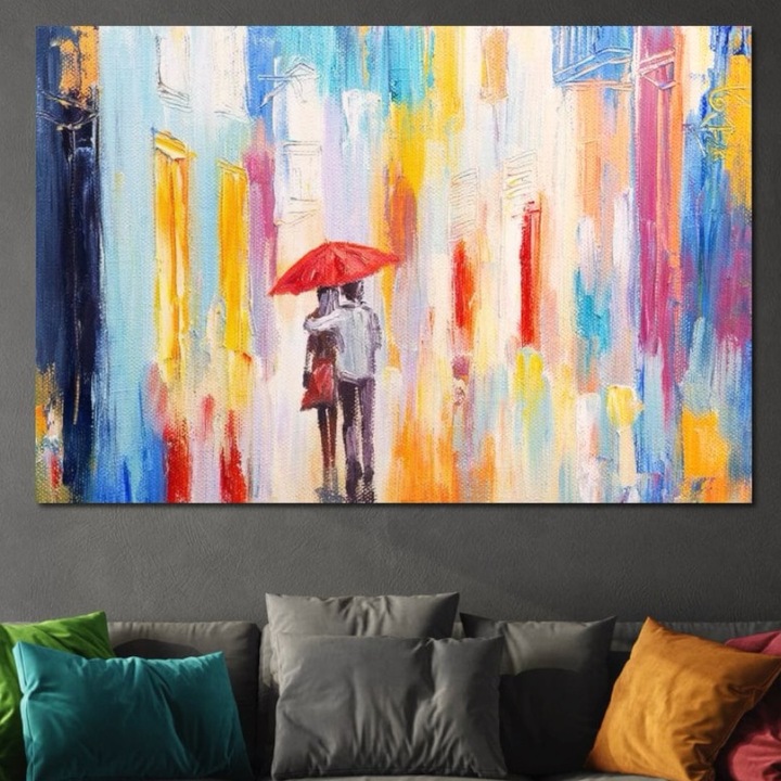 Премиум картина върху платно, LuxCanva® E1035, Романтичен дъжд, 100 X 150 см, 100% памучно платно 400 г/м2, дървена рамка, цветна, дъжд, прегръдка, хармония, общуване, хол, ярки цветове