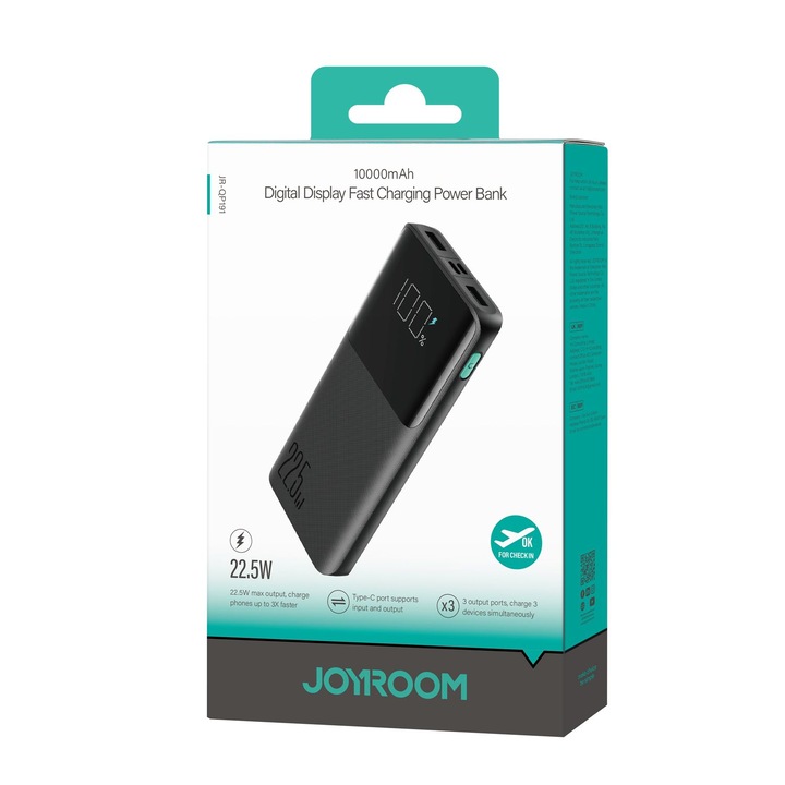 Joyroom Power Bank Digitális Kijelzővel C+U+U, PD 22.5W, 10000 mAh, Fekete (JR-QP191)