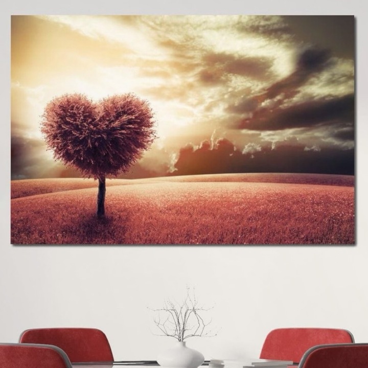 Премиум картина върху платно, LuxCanva® E1036, Сърцебиенето на Земята, 100 X 155 CM, 100% памучно платно 400g/m2, дървена рамка, Дърво, Корени, Пейзаж, Треперене, Сърце, Хол, Ярки цветове