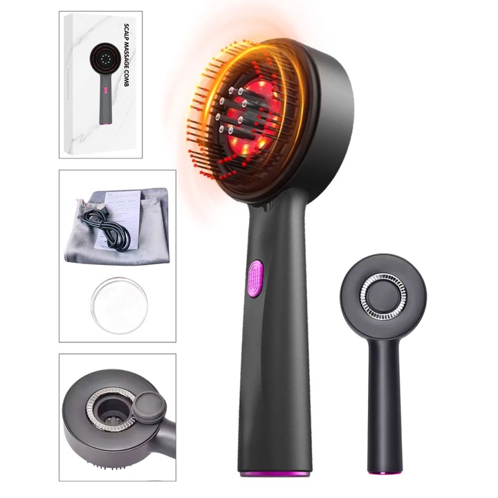 Електрическа четка за коса NovEterna® с масаж на скалпа - усъвършенствана инфрачервена LED терапия, 3 режима на масаж, апликатор с етерични масла и процедури, стимулира растежа на косата, предотвратява косопада, IPX7 водоустойчивост, сив дизайн