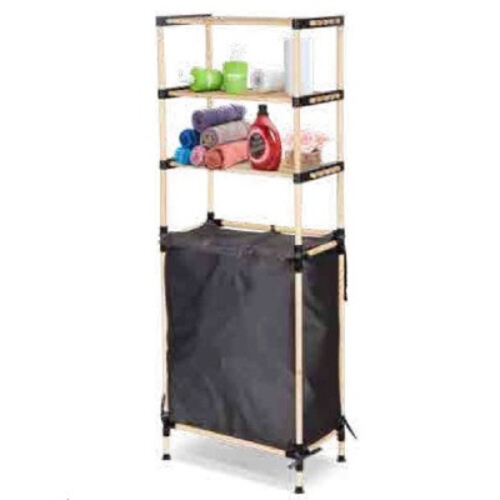 Raft modular din lemn cu cos de rufe si 3 etajere, SEOWOOD, SEO 8171, 141 cm