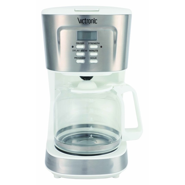 Filtru de cafea Victronic-Digital LED, cu placa pentru incalzire, Capacitate 12 cesti, Putere 900 W, Rezervor 1.50 l, VC5790 (alb+argintiu)