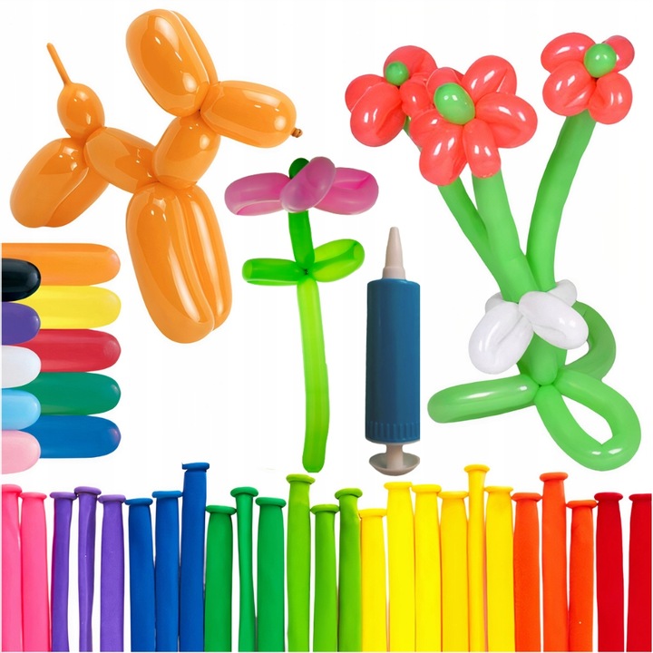 Modellező ballon készlet - 100 db + pumpa, többszínű