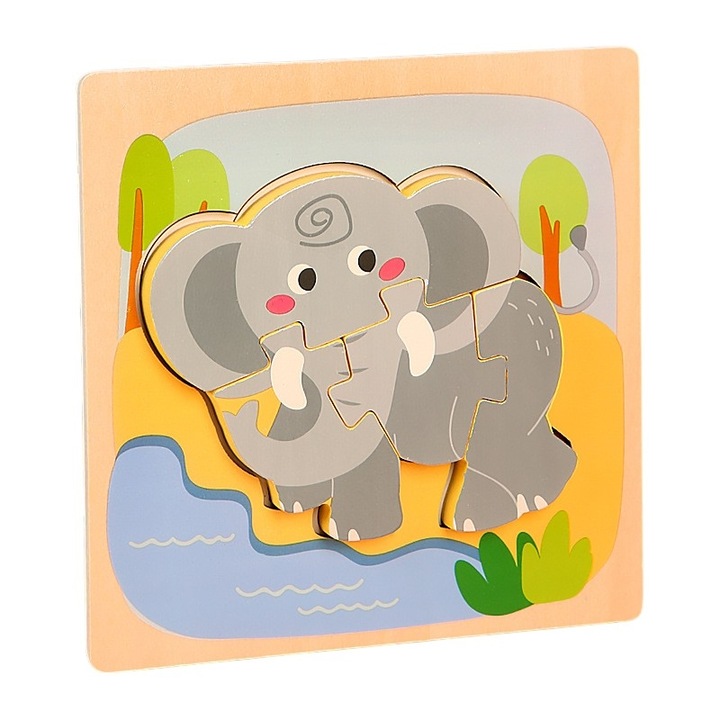 Puzzle montessori din lemn pentru copii, 3d, 0-3 ani, model elefant, educativ, intuitiv, creativ, 4 piese, 15 x 15 x 0.5 cm, multicolor