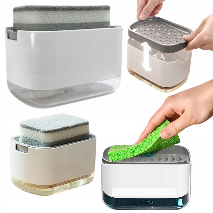 Dispenser de sapun lichid pentru vase cu burete, Doup, 300ml, usor de utilizat, igienic, alb