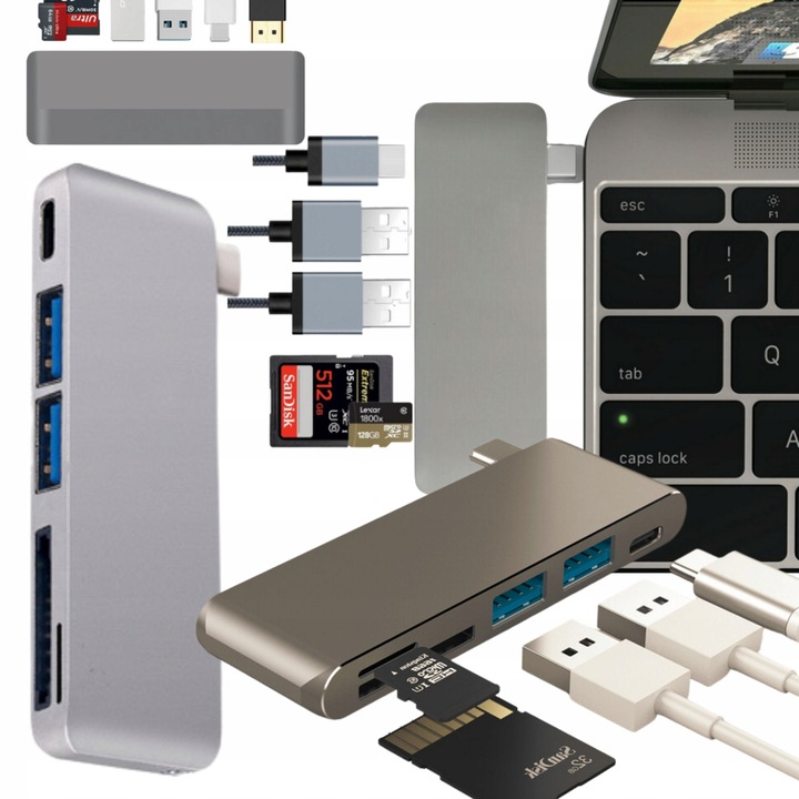 5 az 1-ben USB-C hub, SD olvasó, 5 foglalat, szürke, 9 cm