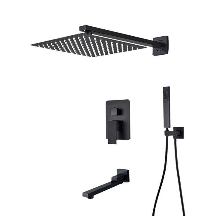 Душ комплект, 16 инча Тип А, черен мат, с двойно управление, стенен монтаж