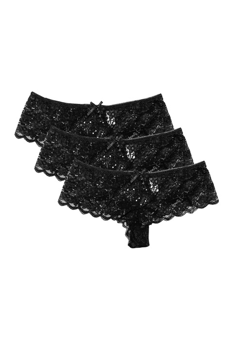 Set bikini dama Pearl Esque, 3 piese, dantela, pietre stralucitoare, negru, Negru