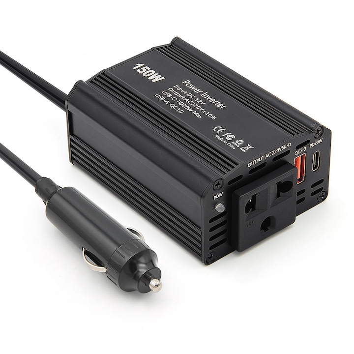 Инвертор Techstar 150W, Автомобилен, 12V DC - 220V AC, USB-C и USB-A портове, Бързо зареждане