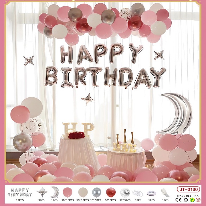 Parti lufi készlet, 55 lufi, szalag, kétoldalas ragasztószalag, színes, latex, rózsaszín