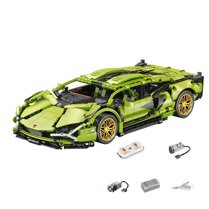 Set de constructie, supercar verde, 1000 piese, cu control remote cu motor