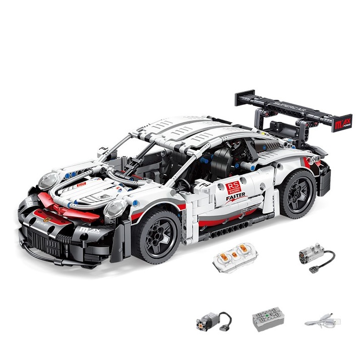 Set de constructie, supercar alb-negru, 1100 piese, cu motor si telecomanda