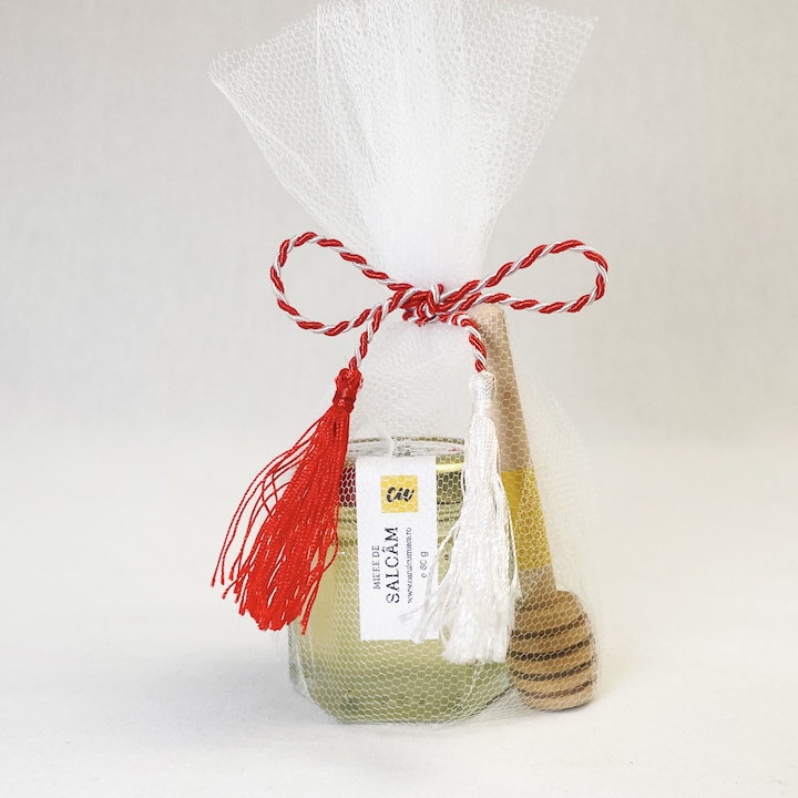Borcanel cadou Martisor, miere salcam in tull, snur martisor, lingurita, luna martie