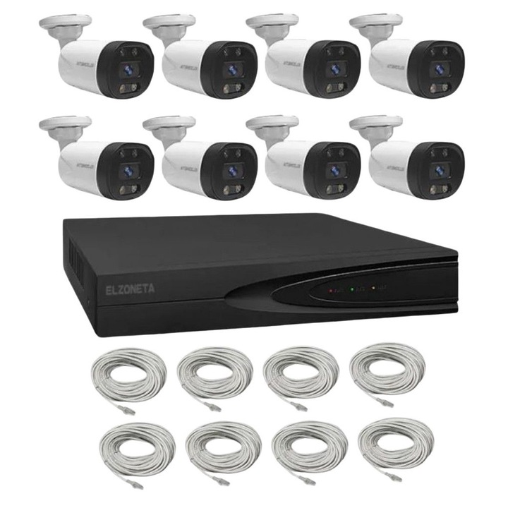 Система за видеонаблюдение с 8 камери ELZONETA, 4K Ultra HD, 8-канален NVR с PoE, Двупосочно аудио, Водоустойчивост: IP66, Размер: 38.4 х 21.6, Цвят: Бял