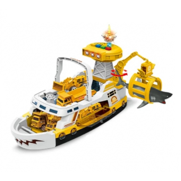 Barca pentru copii cu macara si catapulta culoare galbena Shark Attack