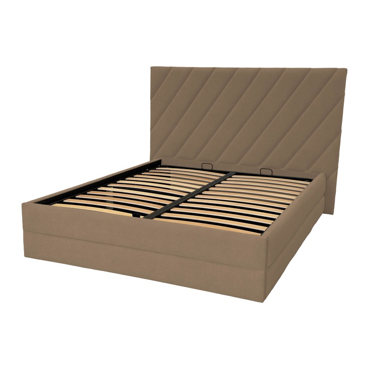 Pat tapitat Stone Luxury cu spatiu de depozitare si somiera rabatabila, crem inchis, C15, 160x200 cm