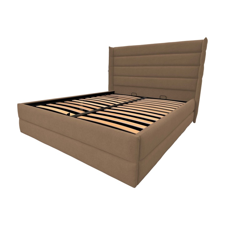 Pat tapitat Gravity Luxury cu spatiu de depozitare si somiera rabatabila, crem inchis, C15, 180x200 cm