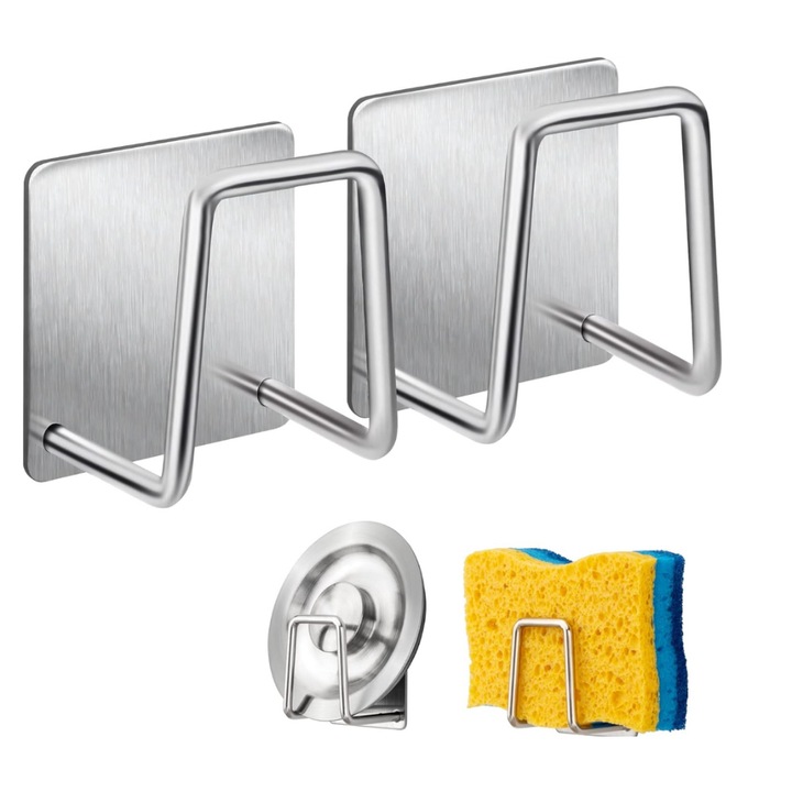 Set 2 Suporti multifunctionali pentru bucatarie si baie, autoadezivi, din otel inoxidabil, universal, Argintiu