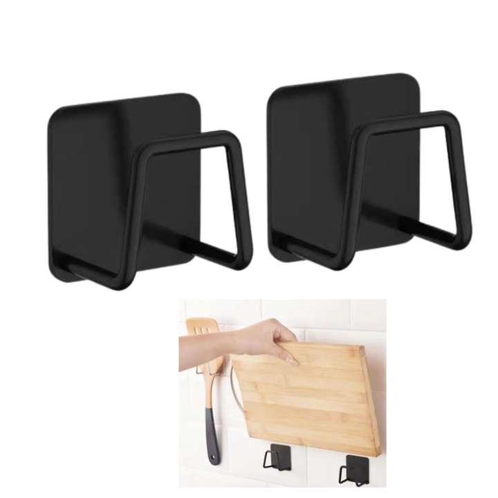 Set 2 Suporti multifunctionali pentru bucatarie si baie, autoadezivi, din otel inoxidabil, universal, Negru