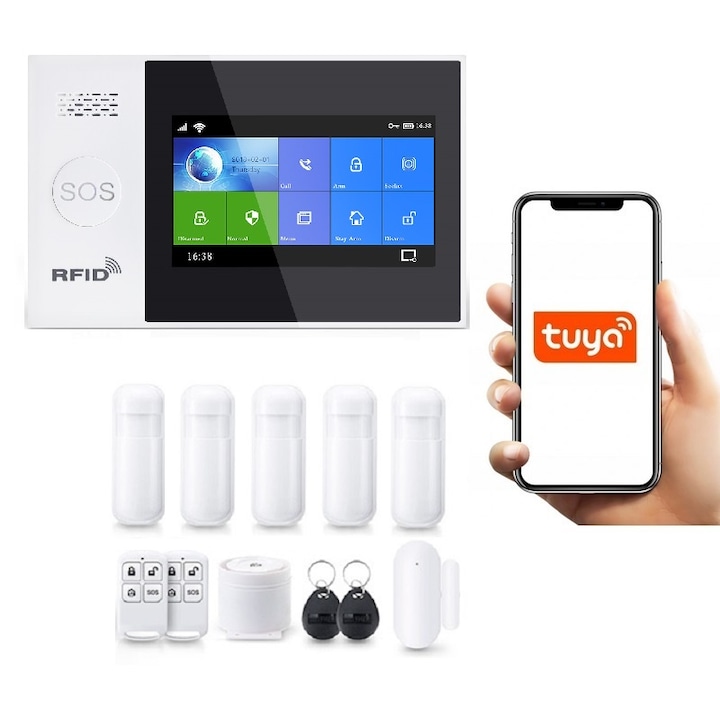 Безжична аларма LCD 4.3" Wifi GSM, Onshop, Tuya Smart, 5x PIR, бял
