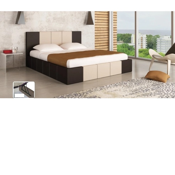 Pat tapitat dormitor cu lada, somiera si saltea inclusa, 160x200, piele eco maro inchis si crem, saltea spuma, design elegant si modern