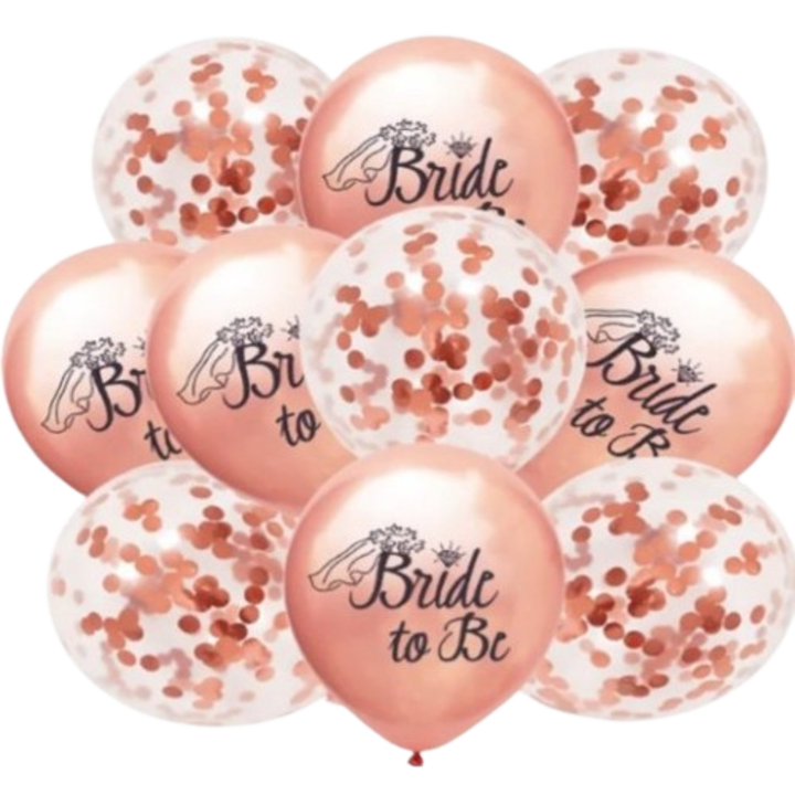 10 db latex lufi készlet, VIVALDI, Bride To Be modell, 5 x rózsaszín lufi, 5 x konfetti lufi, levegővel vagy héliummal felfújva, átlátszó rózsaszín