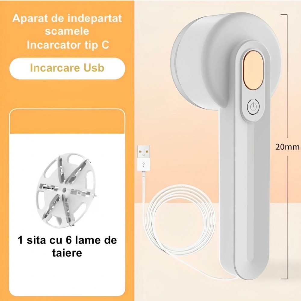Aparat de scame pentru curatat haine, Andowl®, Baterie Litiu-polimer 800 mAh, Incarcare USB-C DC 5V, Autonomie 2-3 ore, 6 Lame, Display LED, Material ABS, 3 Moduri de Viteza, Culoare rox, Q-M91