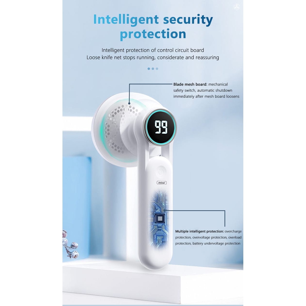 Aparat de scame pentru curatat haine, Andowl®, Baterie Litiu-polimer 800 mAh, Incarcare USB-C DC 5V, Autonomie 2-3 ore, 6 Lame, Display LED, Material ABS, 3 Moduri de Viteza, Culoare rox, Q-M91