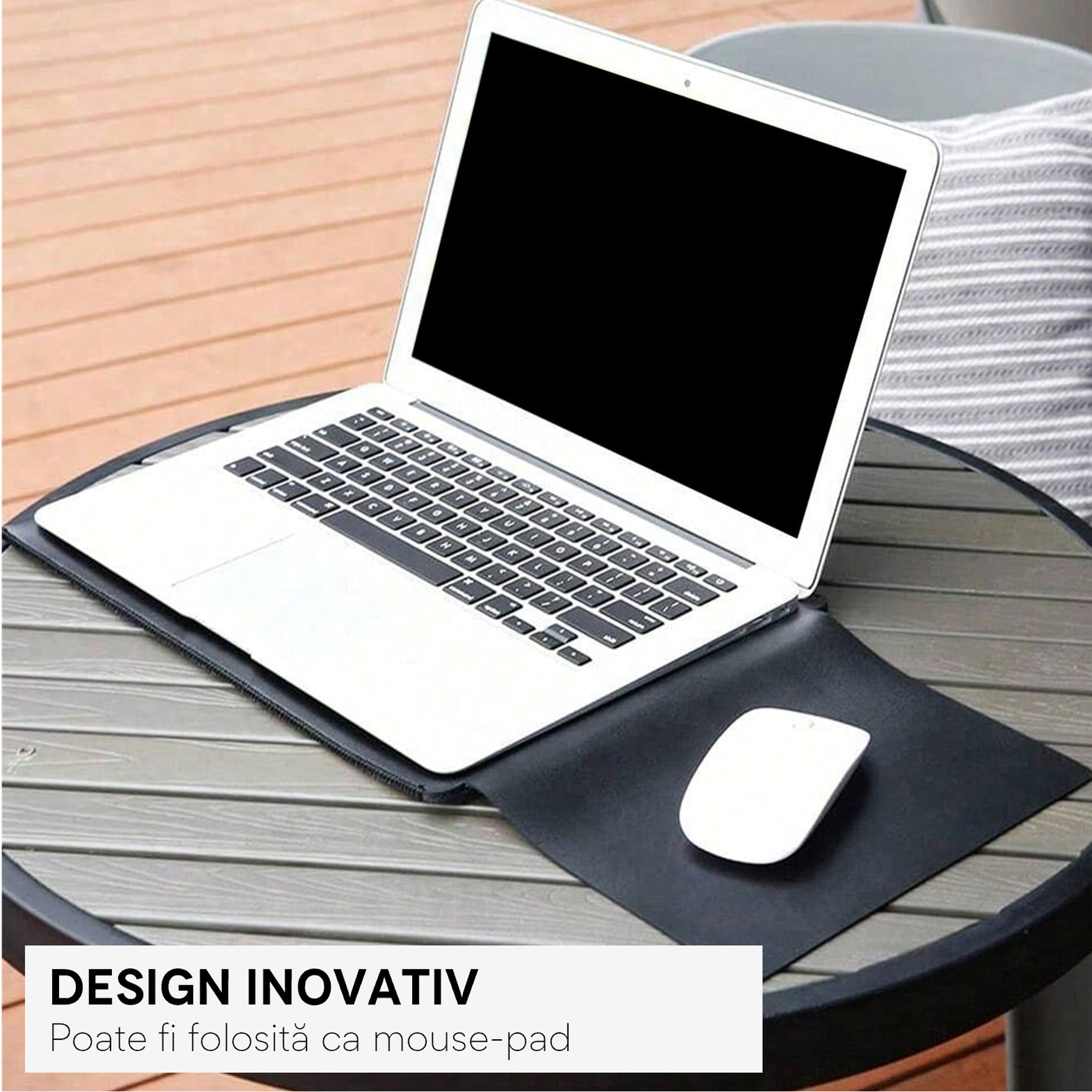 Husa pentru MacBook Pro/Air sau Laptop 15 inch Sleeve din piele PU premium cu mouse-pad inclus, rezistenta la apa, negru
