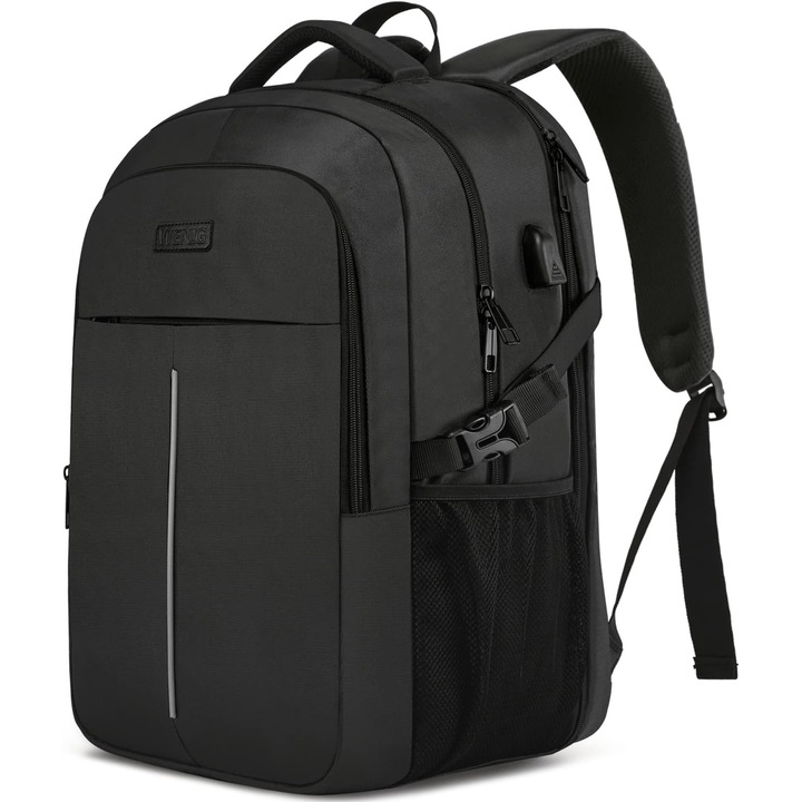 Rucsac de 50L WENIG, cu compartiment pentru laptop 44 cm, Rezistent la apa, cu Port USB de incarcare, Anti-Furt, Negru