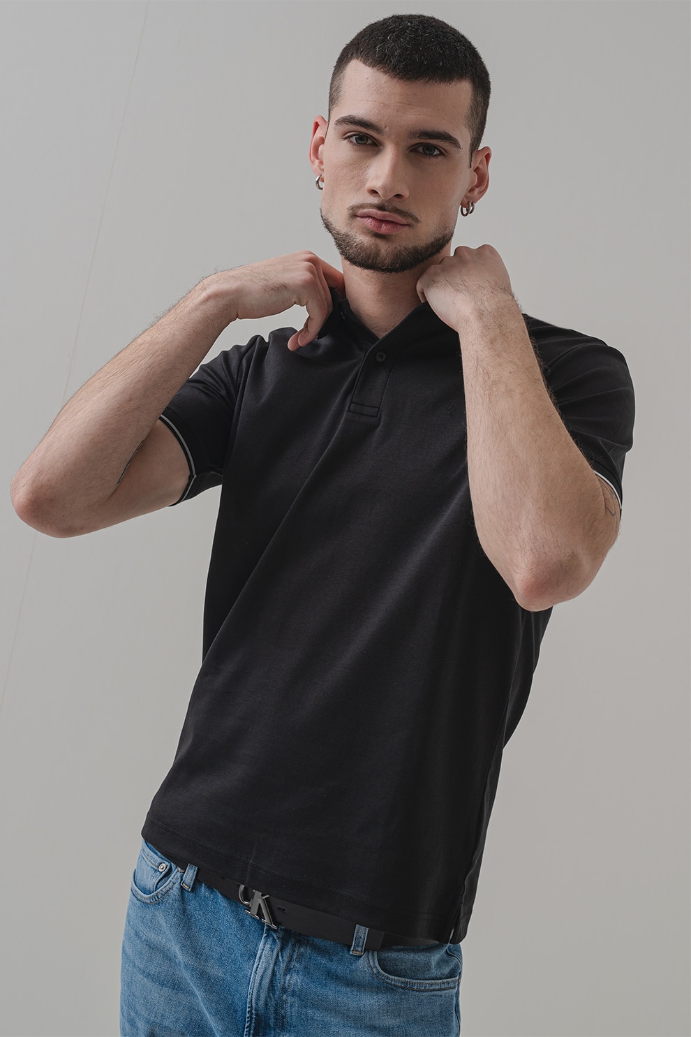 CALVIN KLEIN, Tricou polo de bumbac organic, Alb, Negru stins, M