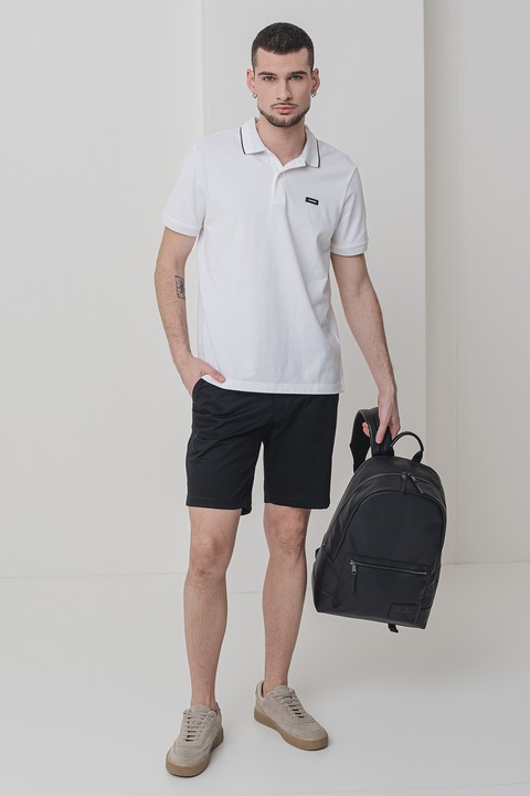 CALVIN KLEIN, Tricou polo din amestec de bumbac organic cu logo discret, Negru/Alb optic