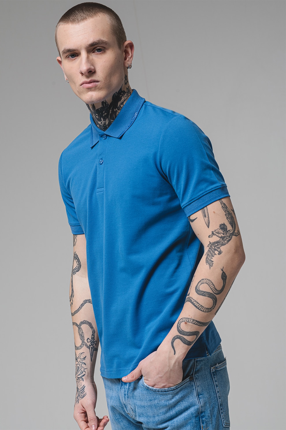 CALVIN KLEIN, Tricou polo din amestec de bumbac organic, Albastru pastel, 2XL