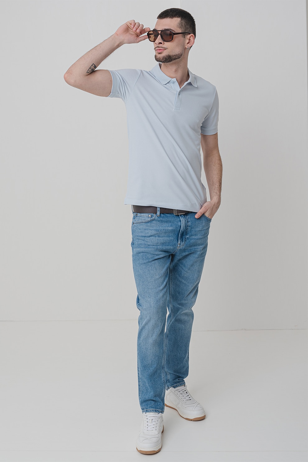 CALVIN KLEIN, Tricou polo din amestec de bumbac organic, Albastru deschis, S