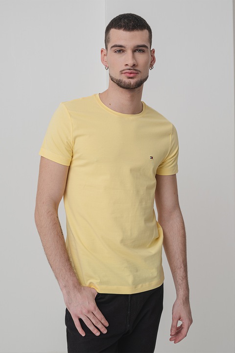 Tommy Hilfiger, Tricou slim fit cu decolteu la baza gatului, Galben sofran, Galben pal, XL