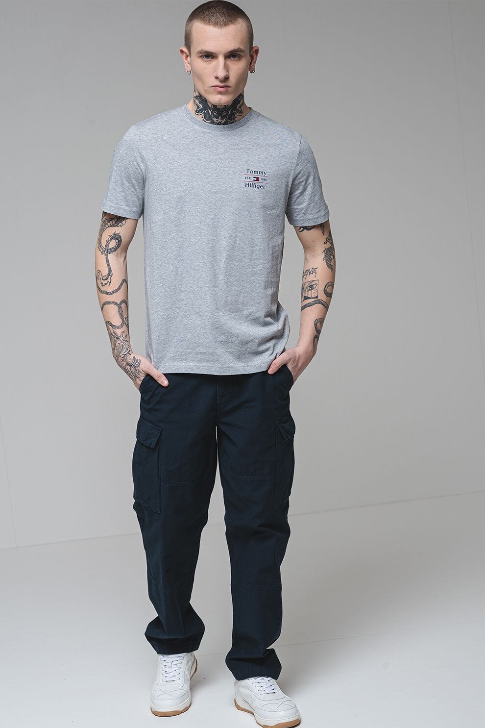 Tommy Hilfiger, Tricou cu logo, Gri melange, Bleumarin, S