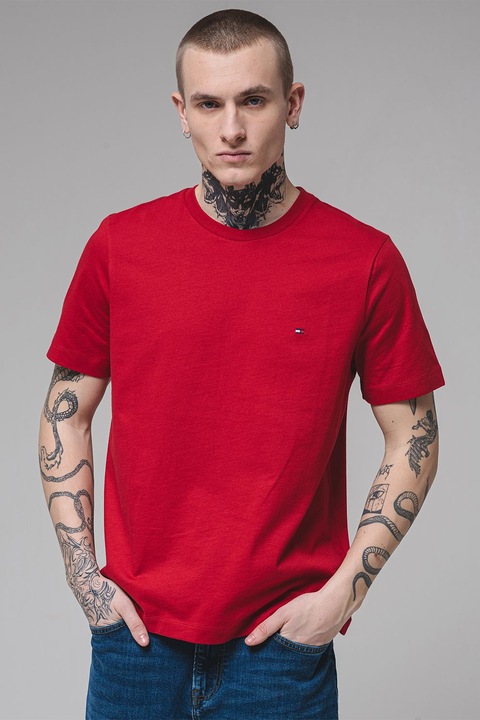 Tommy Hilfiger, Tricou din bumbac cu decolteu la baza gatului, Rosu inchis