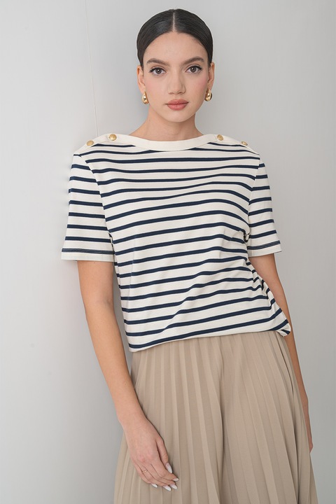 Tommy Hilfiger, Organikuspamut póló, Csontszín/Tengerészkék, M