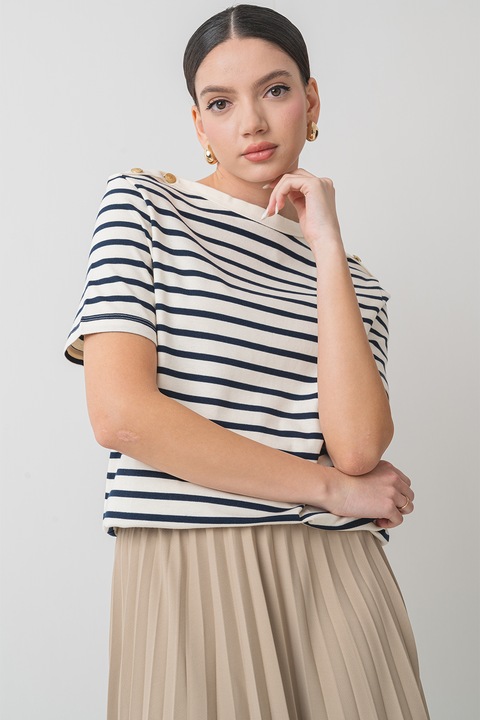 Tommy Hilfiger, Tricou din bumbac organic, Alb fildes/Bleumarin, M