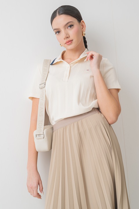 Tommy Hilfiger, Тениска с яка и лого, Слонова кост/Ултрамарин синьо