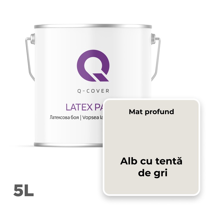 Vopsea latex, Q-Cover, Alb cu tenta de gri H1276, pentru interior, pe baza de apa, galeti de fier, usor de aplicat, rezistent la frecare, elimina reflexiile luminii, sigura pentru persoanele alergice, fara miros, tixotropa, Mat, 5L